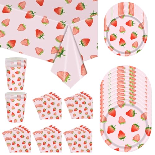 Erdbeer -Babyparty -Dekorationen, 56pcs/einstellbares Geschirrset serviert 10 Gäste Tischdecke Erdbeerpappteller, Tassen ＆ Servietten Erdbeerpartyzubehör, Erdbeerparty -Dekorationen von Comebachome