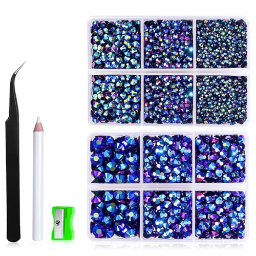 6500 Stück Flatback Strasssteine, Nagelsteine rund, Kristall Strasssteine für Kunsthandwerk, Harz Bling Crystal Diamanten, 6 Größen mit Picking Pinzette Wachsstift Kit, SS6-SS30 Black Base/Fuchsia AB von Comforso