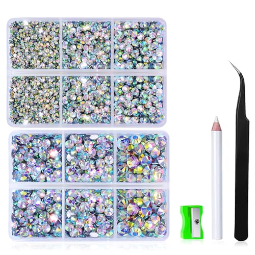 6500 Stück Flatback Strasssteine, Nail Gems Rund, Kristall Strasssteine für Kunsthandwerk, Harz Strasssteine Bling Crystal Diamanten, 6 Größen mit Pinzette Wachsstift Kit, Silber Basis, Kristall AB von Comforso