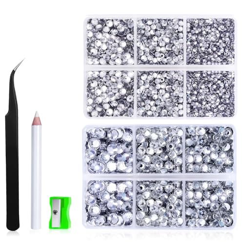 6500 Stück Flatback Strasssteine, Nail Gems Rund, Kristall Strasssteine für Kunsthandwerk, Harz Strasssteine Bling Crystal Diamanten, 6 Größen mit Pinzette und Wachsstift Kit, Silber Basis, Kristall von Comforso