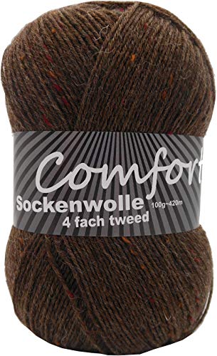 100gr Comfort Sockenwolle Strumpfwolle Tweed 4-fädig - 100gr Knäul - 420m Lauflänge - Nadelstärke 2,5-3,0mm-klassiche traditionelle Farben (braun 04) von Comfort Wolle