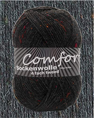 100gr Comfort Sockenwolle Strumpfwolle Tweed 4-fädig - 100gr Knäul - 420m Lauflänge - Nadelstärke 2,5-3,0mm-klassiche traditionelle Farben (dunkelgrau 08) von Comfort Wolle