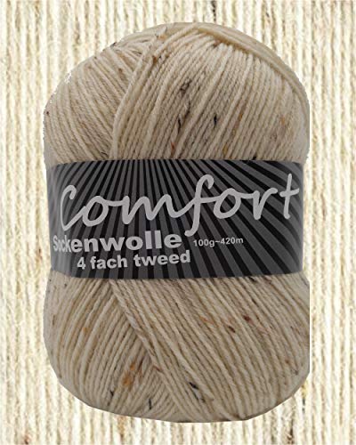 100gr Comfort Sockenwolle Strumpfwolle Tweed 4-fädig - 100gr Knäul - 420m Lauflänge - Nadelstärke 2,5-3,0mm-klassiche traditionelle Farben (hellbeige 01) von Comfort Wolle