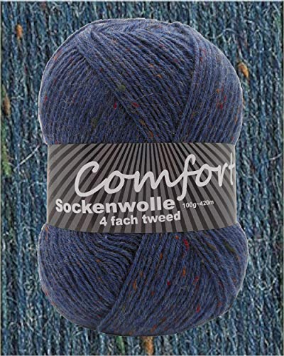 100gr Comfort Sockenwolle Strumpfwolle Tweed 4-fädig - 100gr Knäul - 420m Lauflänge - Nadelstärke 2,5-3,0mm-klassiche traditionelle Farben (jeansblau 06) von Comfort Wolle