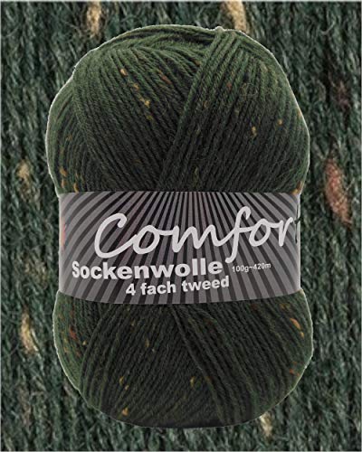 100gr Comfort Sockenwolle Strumpfwolle Tweed 4-fädig - 100gr Knäul - 420m Lauflänge - Nadelstärke 2,5-3,0mm-klassiche traditionelle Farben (lodengrün 05) von Comfort Wolle