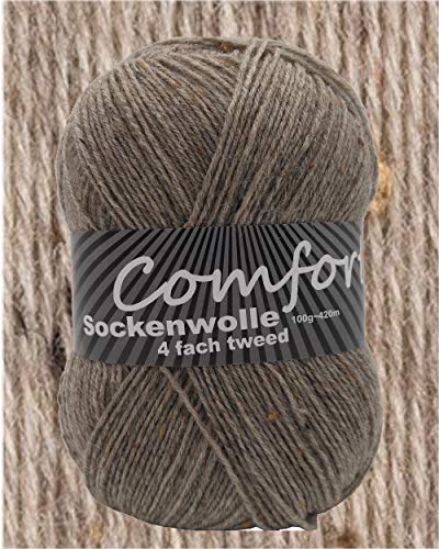 100gr Comfort Sockenwolle Strumpfwolle Tweed 4-fädig - 100gr Knäul - 420m Lauflänge - Nadelstärke 2,5-3,0mm-klassiche traditionelle Farben (mittellgrau 03) von Comfort Wolle