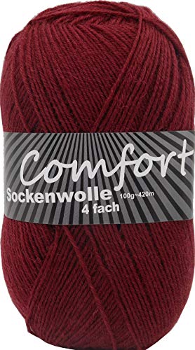 100gr Comfort Sockenwolle Strumpfwolle uni - 4-fädig - 100gr Knäul - 420m Lauflänge - Nadelstärke 2,5-3,0mm-klassiche traditionelle zeitlose Farben (bordeaux) von Comfort Wolle