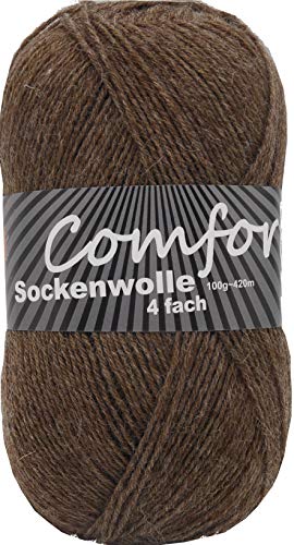 100gr Comfort Sockenwolle Strumpfwolle uni - 4-fädig - 100gr Knäul - 420m Lauflänge - Nadelstärke 2,5-3,0mm-klassiche traditionelle zeitlose Farben (braun) von Comfort Wolle