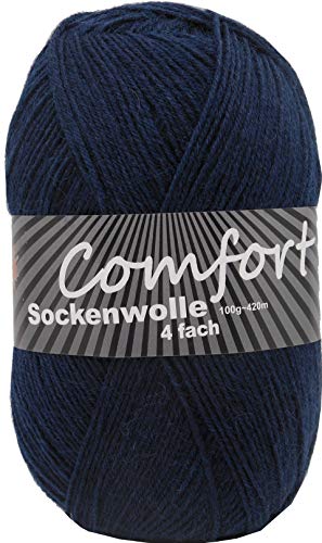 100gr Comfort Sockenwolle Strumpfwolle uni - 4-fädig - 100gr Knäul - 420m Lauflänge - Nadelstärke 2,5-3,0mm-klassiche traditionelle zeitlose Farben (dunkelblau) von Comfort Wolle