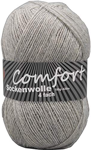 100gr Comfort Sockenwolle Strumpfwolle uni - 4-fädig - 100gr Knäul - 420m Lauflänge - Nadelstärke 2,5-3,0mm-klassiche traditionelle zeitlose Farben (mittelgrau) von Comfort Wolle