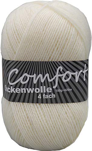 100gr Comfort Sockenwolle Strumpfwolle uni - 4-fädig - 100gr Knäul - 420m Lauflänge - Nadelstärke 2,5-3,0mm-klassiche traditionelle zeitlose Farben (rohweiss) von Comfort Wolle