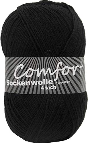 100gr Comfort Sockenwolle Strumpfwolle uni - 4-fädig - 100gr Knäul - 420m Lauflänge - Nadelstärke 2,5-3,0mm-klassiche traditionelle zeitlose Farben (schwarz) von Comfort Wolle