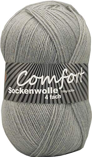 100gr Comfort Sockenwolle Strumpfwolle uni - 4-fädig - 100gr Knäul - 420m Lauflänge - Nadelstärke 2,5-3,0mm-klassiche traditionelle zeitlose Farben (silbergrau) von Comfort Wolle