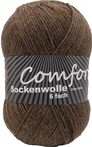 6-fädige Sockenwolle Strumpfwolle - einfarbig - 150gr Knaul 375m-Lauflänge - für besonders warme Socken -weicher kuschlig softiger Griff- -Farbe: (braun) von Comfort Wolle