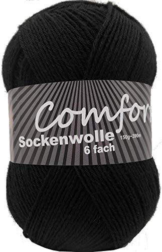 6-fädige Sockenwolle Strumpfwolle - einfarbig - 150gr Knaul 375m-Lauflänge - für besonders warme Socken -weicher kuschlig softiger Griff- -Farbe: (schwarz) von Comfort Wolle