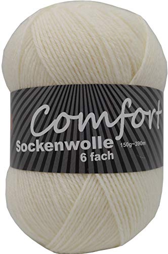 6-fädige Sockenwolle Strumpfwolle - einfarbig - 150gr Knaul 375m-Lauflänge - für besonders warme Socken -weicher kuschlig softiger Griff- -rohweiss (601-191) von Comfort Wolle