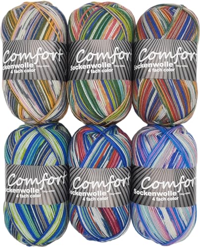 Comfort Wolle Sockenwolle Strumpfwolle Comfort Color 4-fädig Farbset 6 x 100 g 420 m Länge 100 g mehrfarbig Farbverlaufsset 08 von Lulizzie