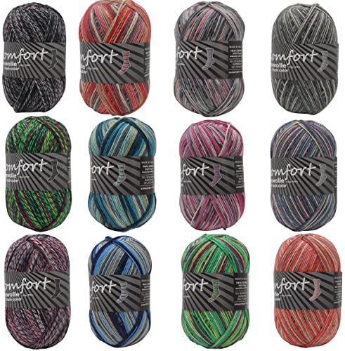 Sockenwolle Strumpfwolle 1.800gr grosses Farbpaket Comfort Color 6-fädig Color 12x150gr 375m/LL für besonders warme FüßeSet Bunt 1966.1-12 von Comfort Wolle