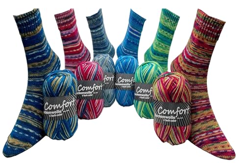 Sockenwolle Strumpfwolle Comfort Color 4-fädig - Farbset 6x100gr Sockengarn - 420m Lauflänge/100gr- mehrfarbiger bunter Farbverlauf Set 05 von Comfort Wolle