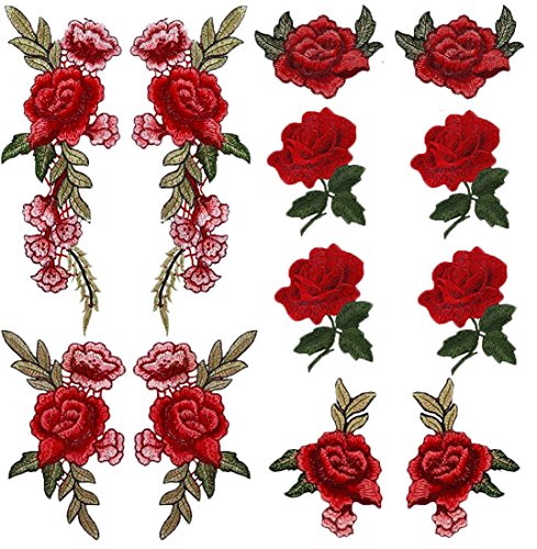 Comfun 12 Stück rote Rosen-Aufnäher, bestickt, Blumenapplikation, zum Aufnähen, dekorative Flicken von Comfun