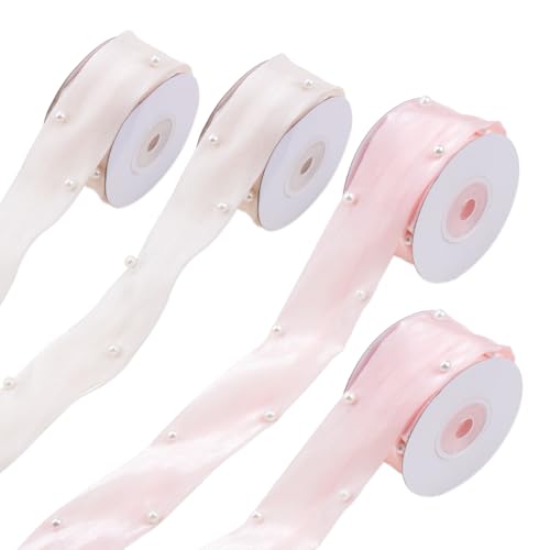 Comidox Elegantes Spitzenband für Blumenstrauß, modische Verpackung, Organza-Perlenband für Hochzeit, Haarnadel, Basteln, ca. 20 Meter, 3,8 cm, Rosa, 4 Rollen von Comidox