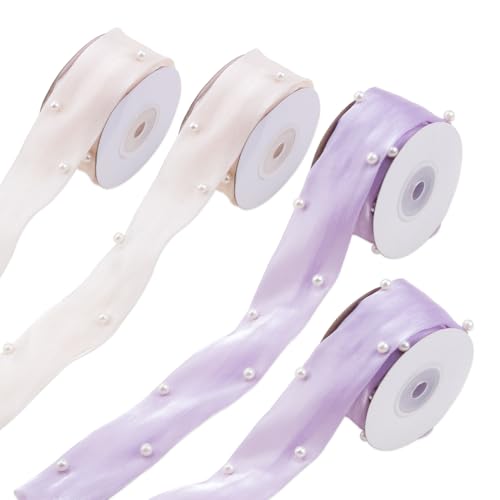 Comidox Elegantes Spitzenband für Blumenstrauß, modische Verpackung, Organza-Perlenband für Hochzeit, Haarnadel, Basteln, ca. 20 Meter, 3,8 cm, Violett, 4 Rollen von Comidox