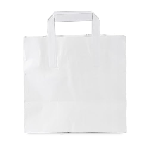 Commerline Papiertüten 250 Stück, Weiß, 26+17x25 cm | Kraftpapier Tüten Klein Mit Henkel | Tragetasche Groß Papiertragetaschen Papiertüte Papiertaschen von Commerline