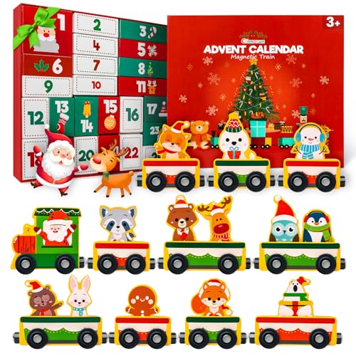 Adventskalender 2025 für Kinder, Commodum 24 Tage Weihnachten Adventskalender Countdown, Holz Eisenbahn Kinder, Magnetisch Weihnachten Zug Spielzeug, Weihnacht Geschenke für Jungen Mädchen von Commodum