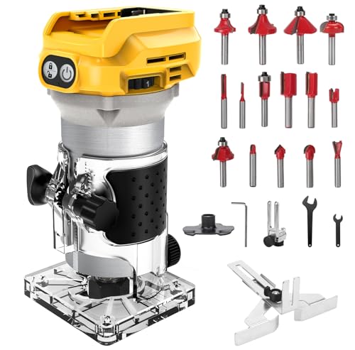 Akku Oberfräse kompatibel mit Dewalt 20V Akku, 800W Bürstenloser Kantenfräser tragbarer Handfräser für die Holzbearbeitung, Akku Holztrimmer mit 15 Stück 1/4" Fräser Set (ohne Akku) von ConBlom