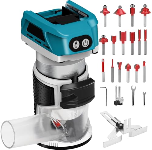 Akku Oberfräse kompatibel mit Makita 18V Akku, 800W Bürstenloser Kantenfräser tragbarer Handfräser für die Holzbearbeitung, Akku Holztrimmer mit 16 Stück 1/4" Fräser Set (ohne Akku) von ConBlom