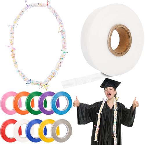 1 Rolle mit 5,1 cm x 299,9 m Graduierungs-Süßigkeiten-Schlauch-Bastel-Set mit 10 Rollen Bändern für DIY Abschlusskränze Verpackung Snacks Süßigkeiten von Conagel