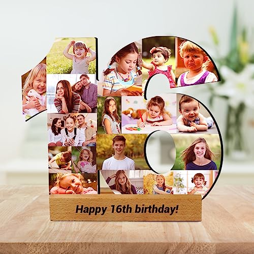 Personalisierte Fotocollage zum 16. Geburtstag mit Sockel, Holz-Bilderrahmen, Happy 60th Bithday, personalisierbar, nummeriert, Heimdekoration, Geschenk für Großeltern, Familie, Liebhaber, Freunde, von Condlin