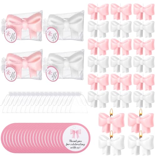 Conelist 24 Sets mit Schleife für Babypartys, rosa und weiße Schleife, Kerzen, Gastgeschenke für Gäste, niedliche Kerzen, Dankeskarte und Geschenktüten für Babyparty, Geschlechtsoffenbarung, von Conelist