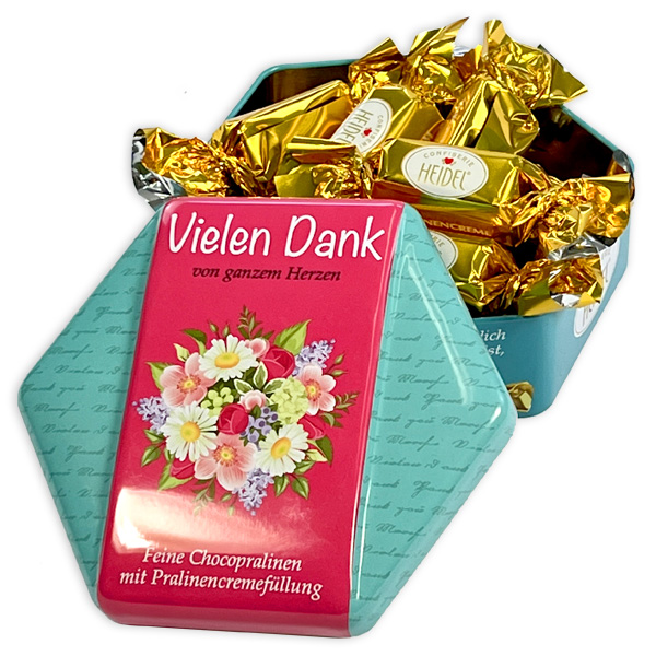 Geschenkdose "Vielen Dank" mit 9 Pralinen, 97g von Confiserie Heidel