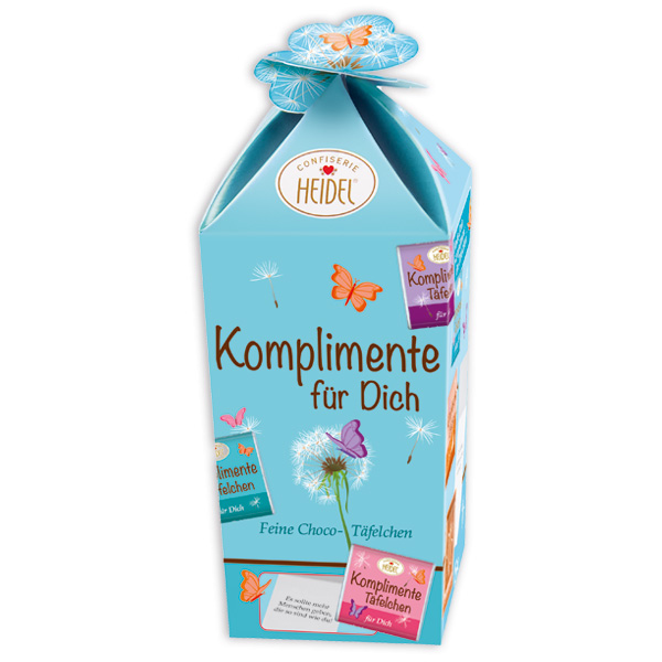 "Komplimente für dich", 15 Schokotäfelchen mit Sprüchen, 75g von Confiserie Heidel