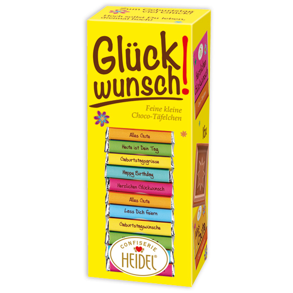 Schoko-Box "Glückwunsch", 16 Mini-Täfelchen, 80g von Confiserie Heidel