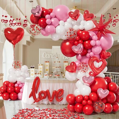 156 Stück Valentinstag Ballon Girlande Bogen Kit mit rosa weiß rot Konfetti Herz Luftballons Liebe Folienballons Explosion Stern Ballons Rosenblätter für Jahrestag Hochzeit Romantische Dekorationen von Conleke