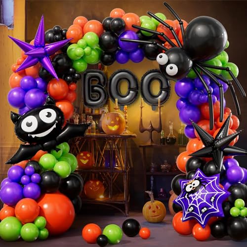 Halloween Ballon Girlande Bogen Kit, Schwarz Orange Grün Dunkelviolette Augen Luftballons, Fledermaus Spinne Boo Folienballons, Schwarz Lila Explosion Stern Folienballons für Halloween Party von Conleke