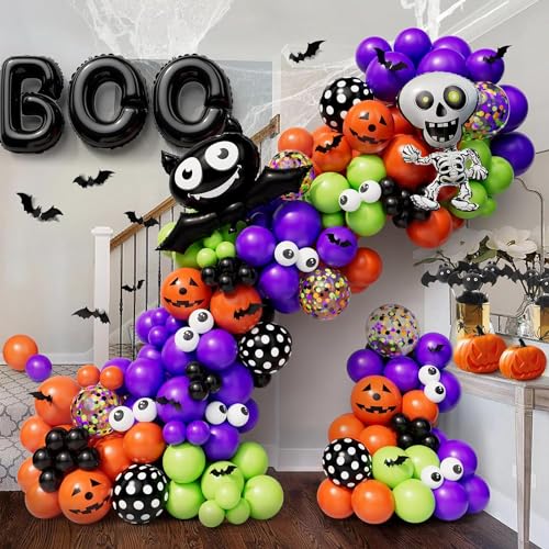 Halloween Ballon Girlande Bogen Kit, Schwarz Orange Lila Grün Kürbis Konfetti Ballons Schädel Fledermaus Folienballons für Halloween Mottoparty Hintergrund Indoor Outdoor Klassenzimmer Dekorationen von Conleke