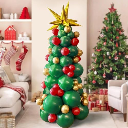 Weihnachtsbaum-Luftballons, Girlande, Bogen-Set, grün, rot, goldfarben, Latex-Luftballons, Weihnachtsbaum-Ballons mit goldenen Sternen-Ballons für Weihnachtsfeier-Dekorationen von Conleke