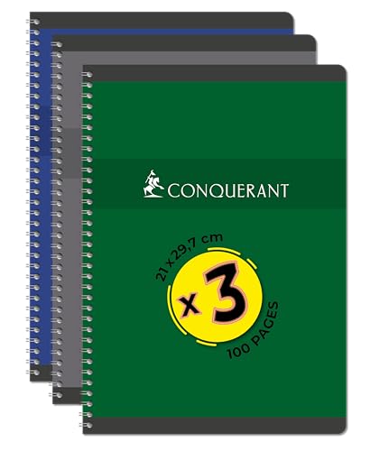 CONQUERANT 3 Hefte, A4, 100 Seiten, 70 g, Q5 x 5, Vollbindung, Deckblatt in verschiedenen Farben von Conquérant