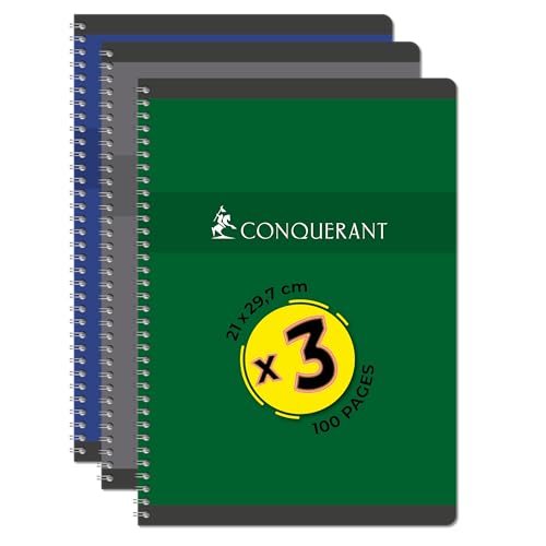 CONQUERANT 3 Hefte, A4, 100 Seiten, 70 g, Q5 x 5, Vollbindung, Deckblatt in verschiedenen Farben von Conquérant