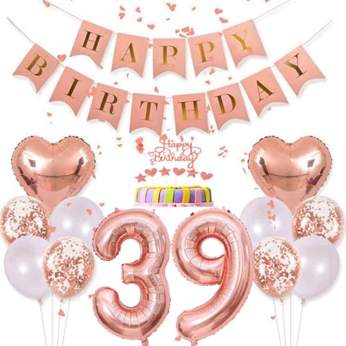 Conruich Deko 39. Geburtstag Frau, Rosegold Tortendeko Geburtstag 39 Jahre Frauen, Geburtstagsdeko 39 Jahre Frau, Rosegold Ballon 39 Geburtstag Mädchen, Happy Birthday Banner Deko 39 Geburtstag Frauen von Conruich