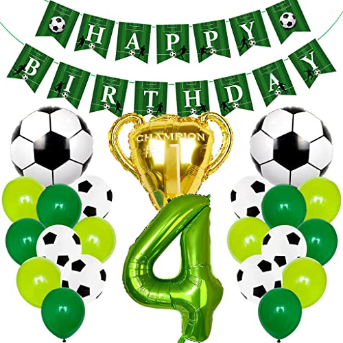 Conruich Fußball 4. Geburtstag Deko Junge, Grün Luftballon 4 Jahre Geburtstagsdeko Jungen, Helium Ballon Fussball Deko mit Riesen Zahl 4, Happy Birthday Banner für 4 Jahre Geburtstag Party Deko von Conruich