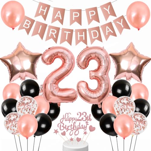 Conruich Geburtstagsdeko 23 Jahre Frauen, Luftballon 23. Geburtstag Deko Frau, Rosegold Tortendeko Geburtstag 23 Jahre Frau, Happy Birthday Banner für 23. Geburtstag Frauen Manner Party Dekoration von Conruich