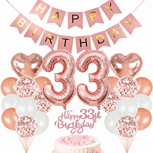 Conruich Geburtstagsdeko 33 Jahre Frau, Luftballon 33. Geburtstag Deko Set, Rosegold Tortendeko Geburtstag 33 Jahre Frauen, Ballon 33 Geburtstag Frau, Happy Birthday Banner Deko 33 Geburtstag Frau von Conruich