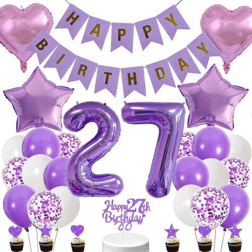 Conruich Lila Luftballons 27. Geburtstag Dekoration, Geburtstagsdeko 27 Jahre Mädchen Tortendeko 27 Geburtstag Mädchen, Deko 27. Geburtstag Mädchen, Happy Birthday Banner Deko 27 Geburtstag Mädchen von Conruich