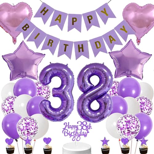 Conruich Lila Luftballons 38. Geburtstag Dekoration, Geburtstagsdeko 38 Jahre Mädchen Tortendeko 38 Geburtstag Mädchen, Deko 38. Geburtstag Mädchen, Happy Birthday Banner Deko 38 Geburtstag Mädchen von Conruich