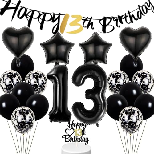 Conruich hei Geburtstagsdeko 13 Jahre Mädchen, Schwarz Weiß Ballon 13. Geburtstag Junge, Tortendeko Geburtstag 13 Jahre Mädchen, Happy 13th Birthday Banner Deko 13 Geburtstag Party Deko Junge Mädchen von Conruich