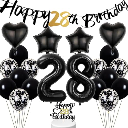 Conruich hei Geburtstagsdeko 28 Jahre Mann, Schwarz Weiß Luftballon 28. Geburtstag Frau, Tortendeko Geburtstag 28 Jahre Männer, Happy 28th Birthday Banner Deko 28 Geburtstag Party Deko Männer Frauen von Conruich